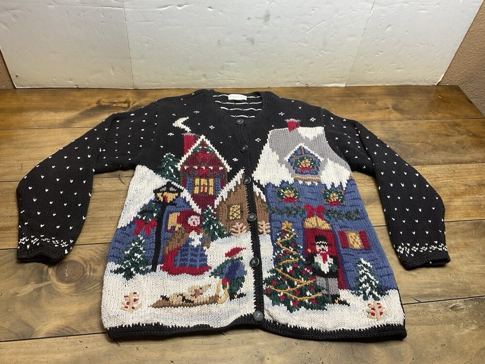 Vintage Northern Isles Christmas Cardigan Hand Knit Birds Eye Sweater Size M
